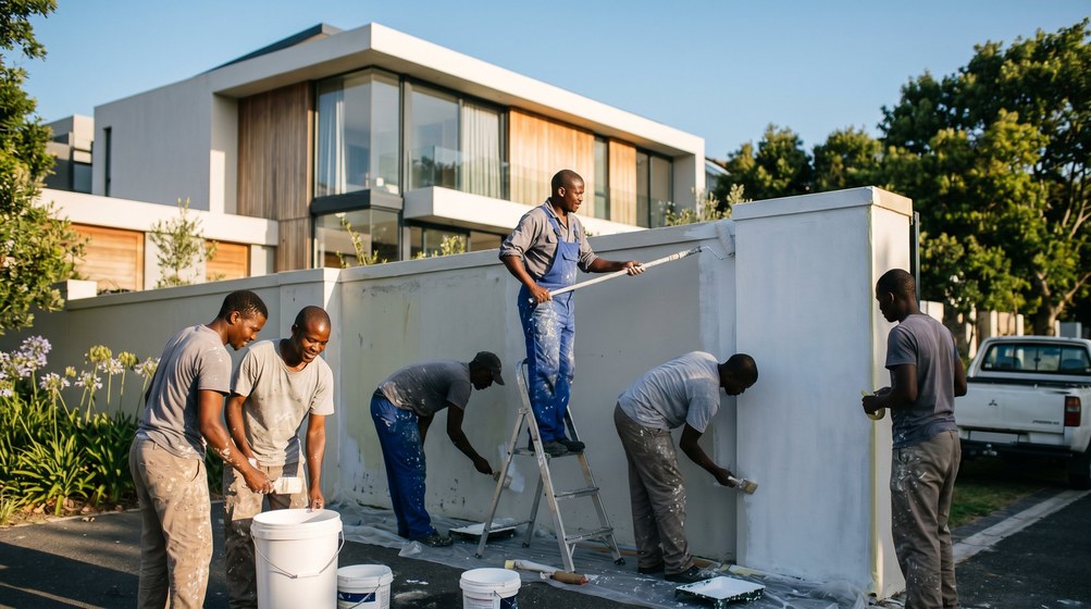 Professional team painting a boundary wall at a modern home in Tamboerskloof