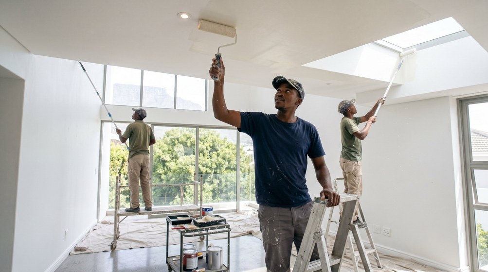 Professional ceiling painters rolling white paint onto a high ceiling in Tamboerskloof