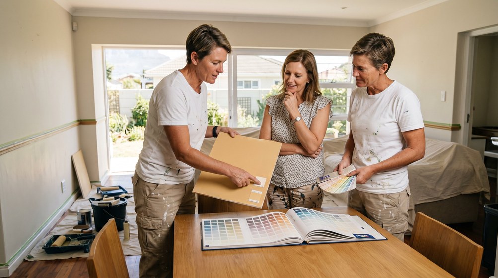 Professional colour consultant showing paint swatches to a homeowner in Tamboerskloof