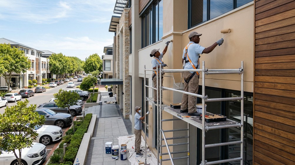 Professional commercial painters on scaffolding painting a building on the Tamboerskloof