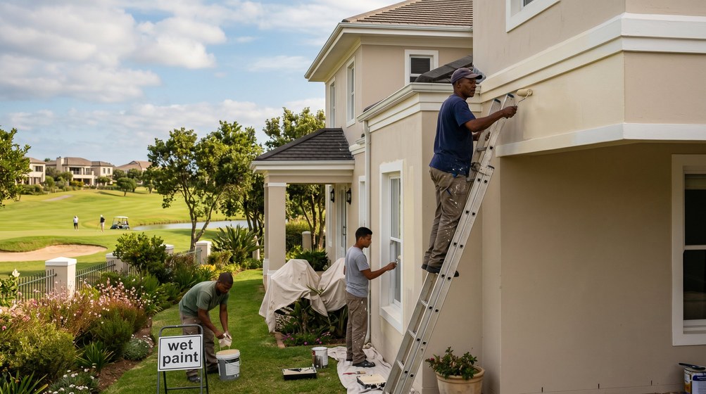 Professional estate painters painting a luxury golf estate home on the Tamboerskloof