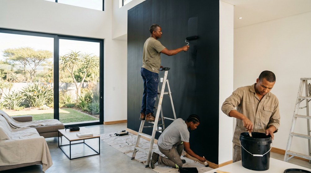 Professional painters creating a bold black feature wall in a modern Tamboerskloof home