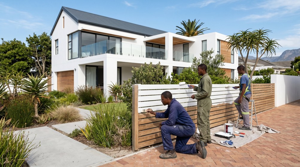 Professional fence painters painting a wooden fence at a Tamboerskloof home in Tamboerskloof