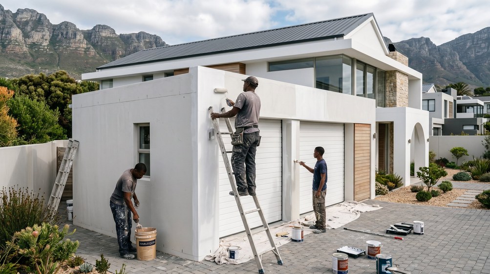 Professional painters painting a double garage exterior and garage doors in Tamboerskloof