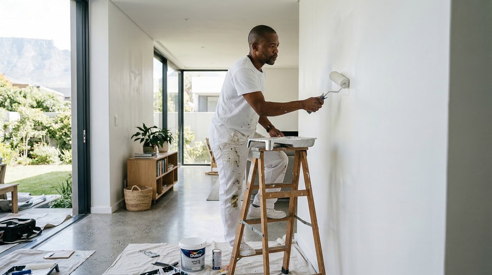 Professional interior painter in Tamboerskloof painting walls with a roller