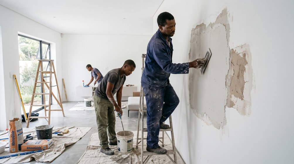 Professional plaster repair team skim coating damaged walls in Tamboerskloof