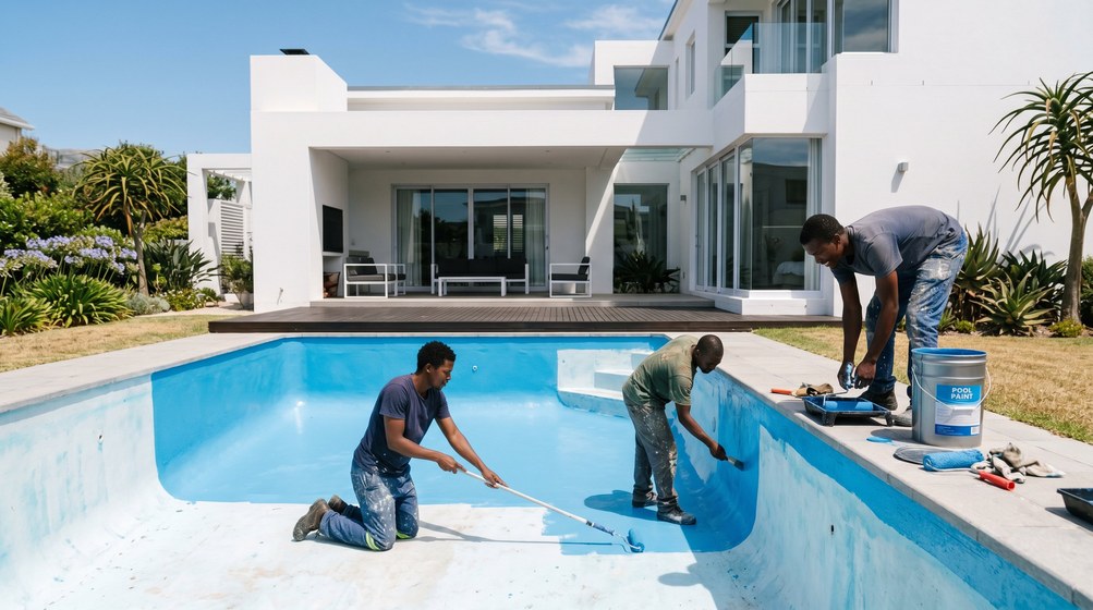 Professional pool painters applying blue pool paint to a swimming pool in Tamboerskloof