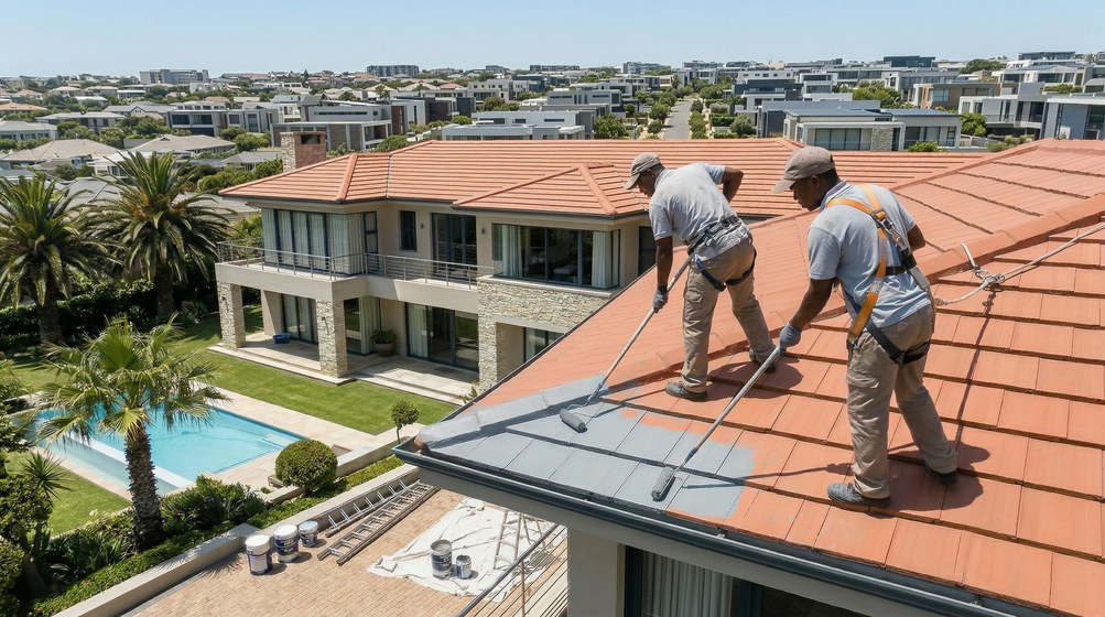 Professional roof painters applying waterproof coating to tiled roof in Tamboerskloof