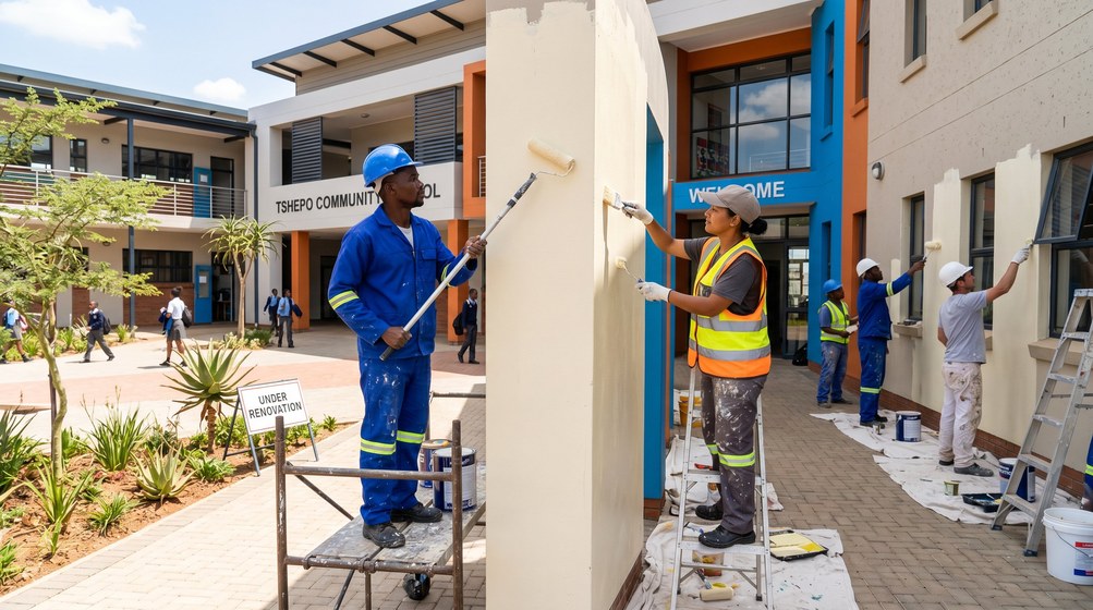 Professional school painting team painting a community school on the Tamboerskloof