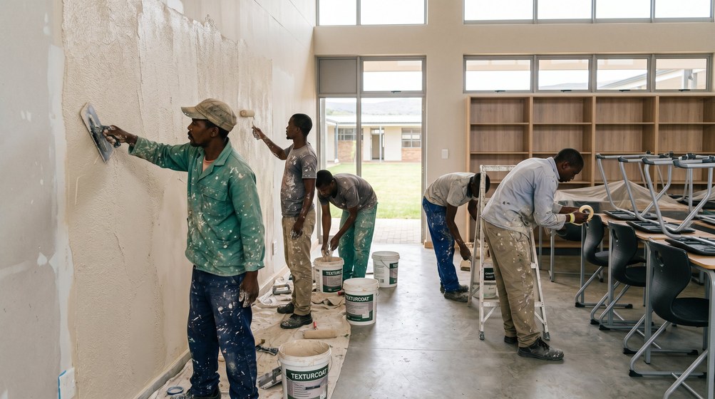 Professional texture coating team applying Texturcoat to interior walls in Tamboerskloof
