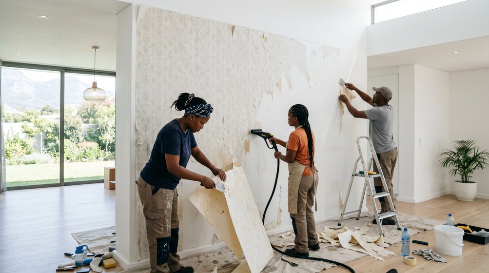 Professional wallpaper removal team stripping old wallpaper in a Tamboerskloof home