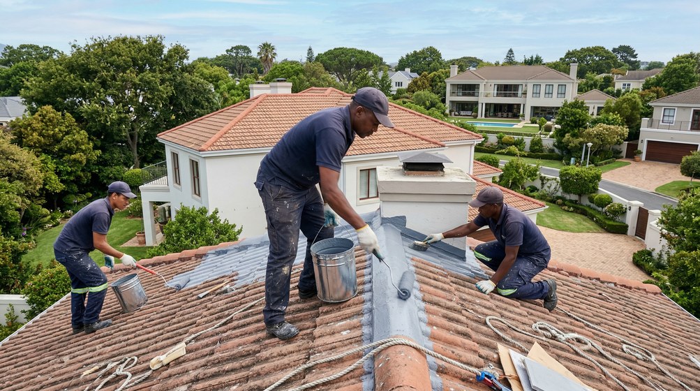 Professional waterproofing team applying membrane to roof in Tamboerskloof