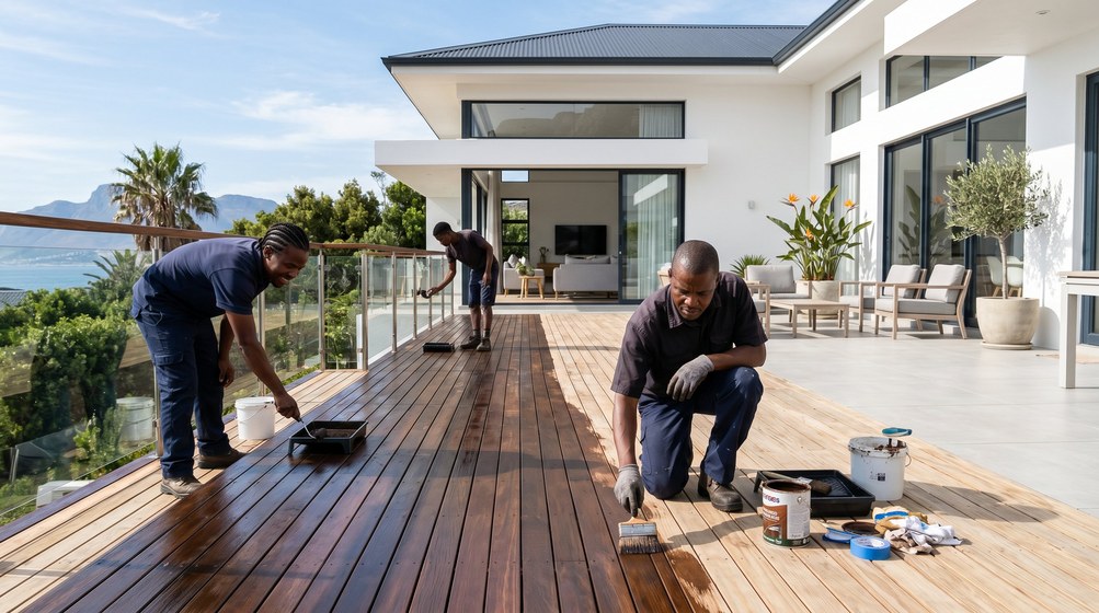 Professional wood staining team applying deck stain overlooking the ocean in Tamboerskloof